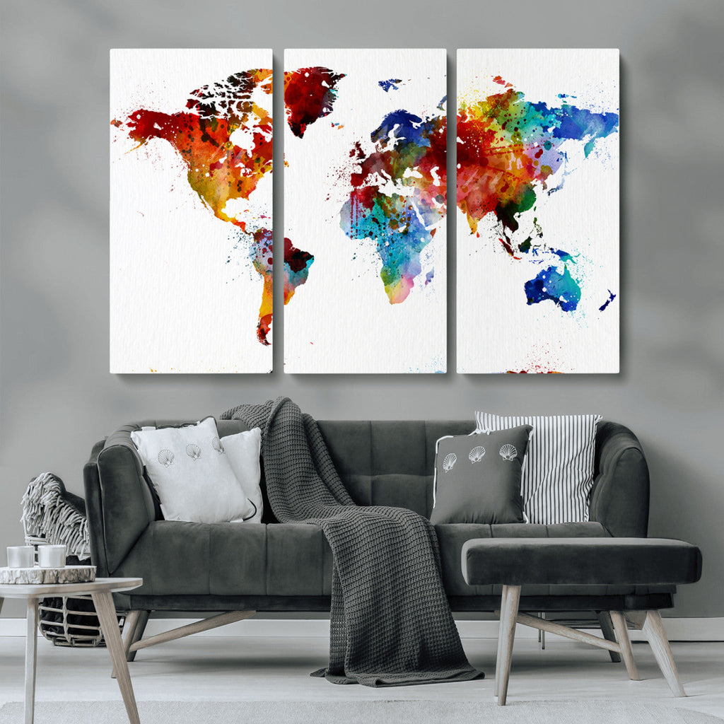 Colorful World Map Canvas Wall Art Print, Contemporary Global Map Artwork