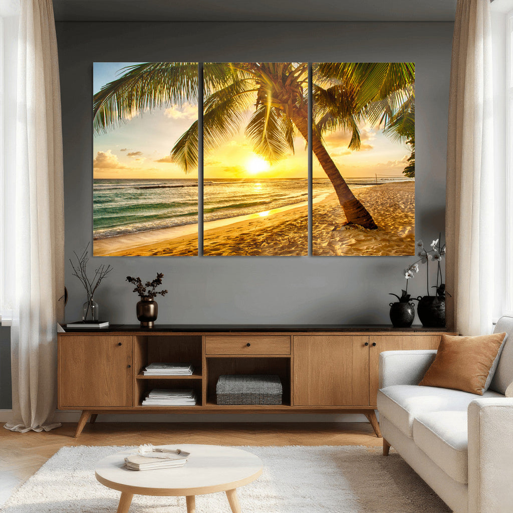 Beach Sunset Canvas Wall Art Print - Tropical Beach Canvas With Palm Trees
