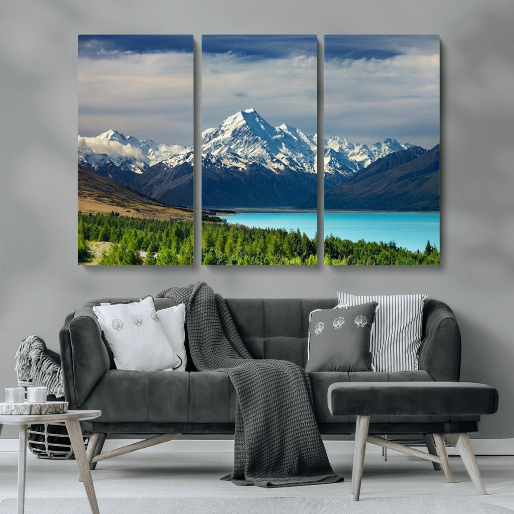 Mount Cook and Lake Pukaki Canvas Wall Art Print | Majestic Snow Capped Peaks