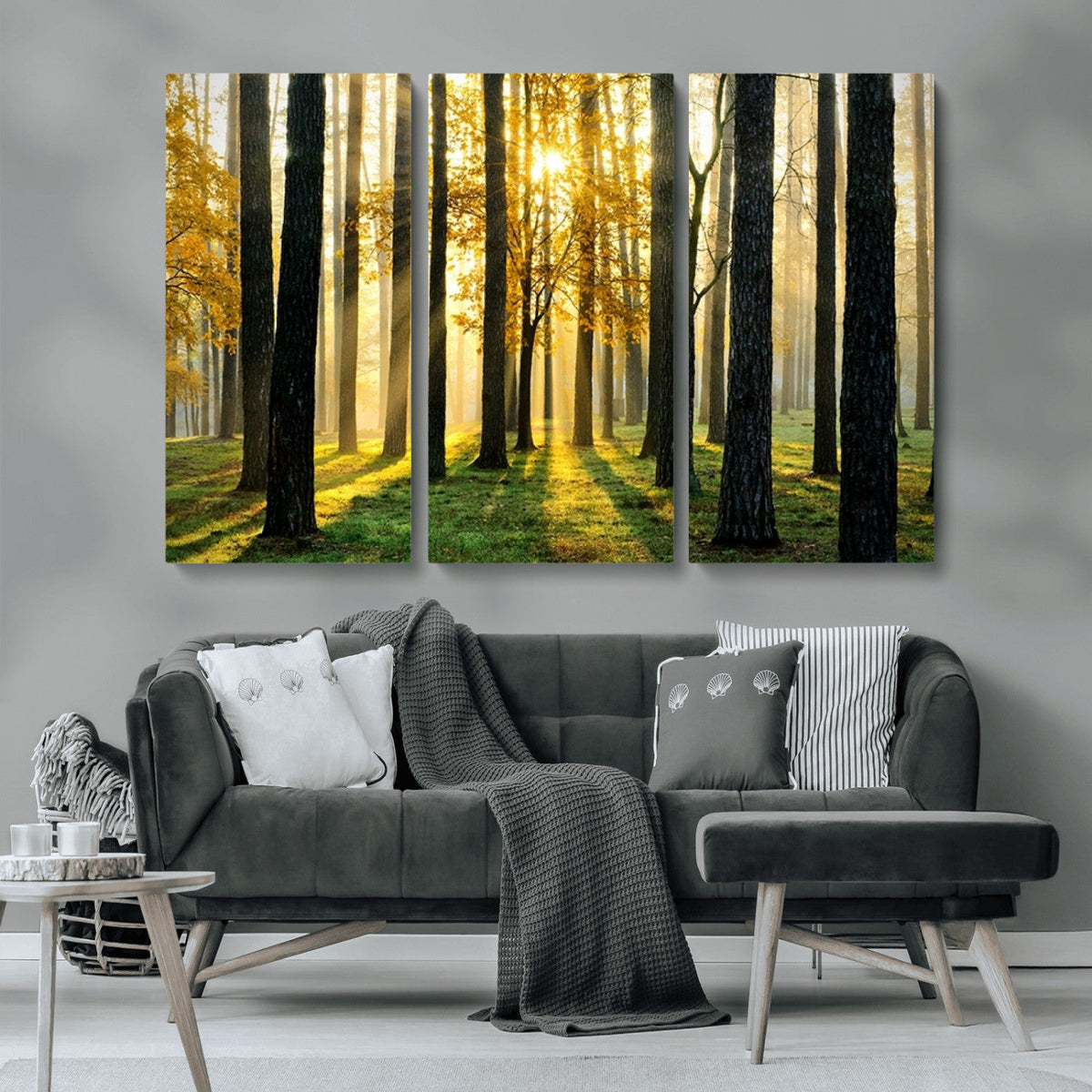 Sunlit Forest Wall Art Canvas Print, Large Framed Woodland Scene with Golden Light