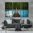 Suspension Bridge Over River Canvas Art | 3-Panel Nature Wall Art
