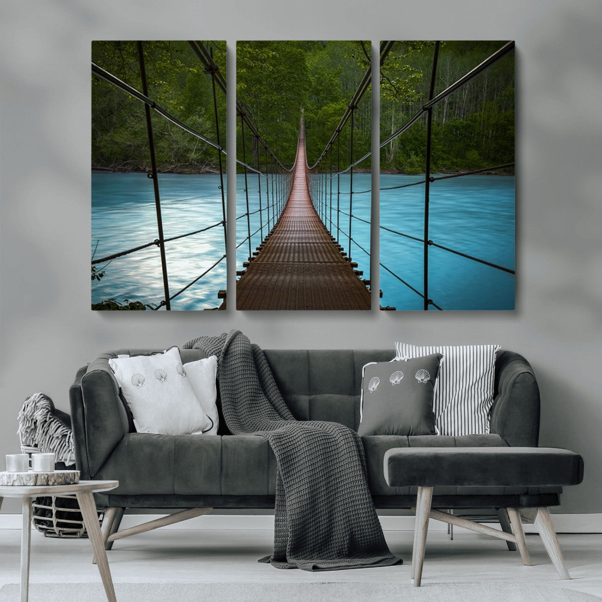 Suspension Bridge Over River Canvas Art | 3-Panel Nature Wall Art