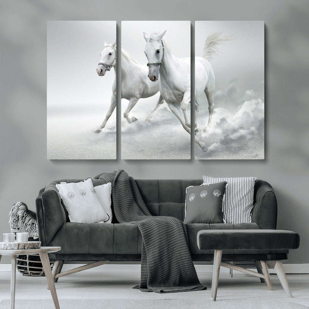 Large Wall Art Canvas Print, Beautiful Running White Horses