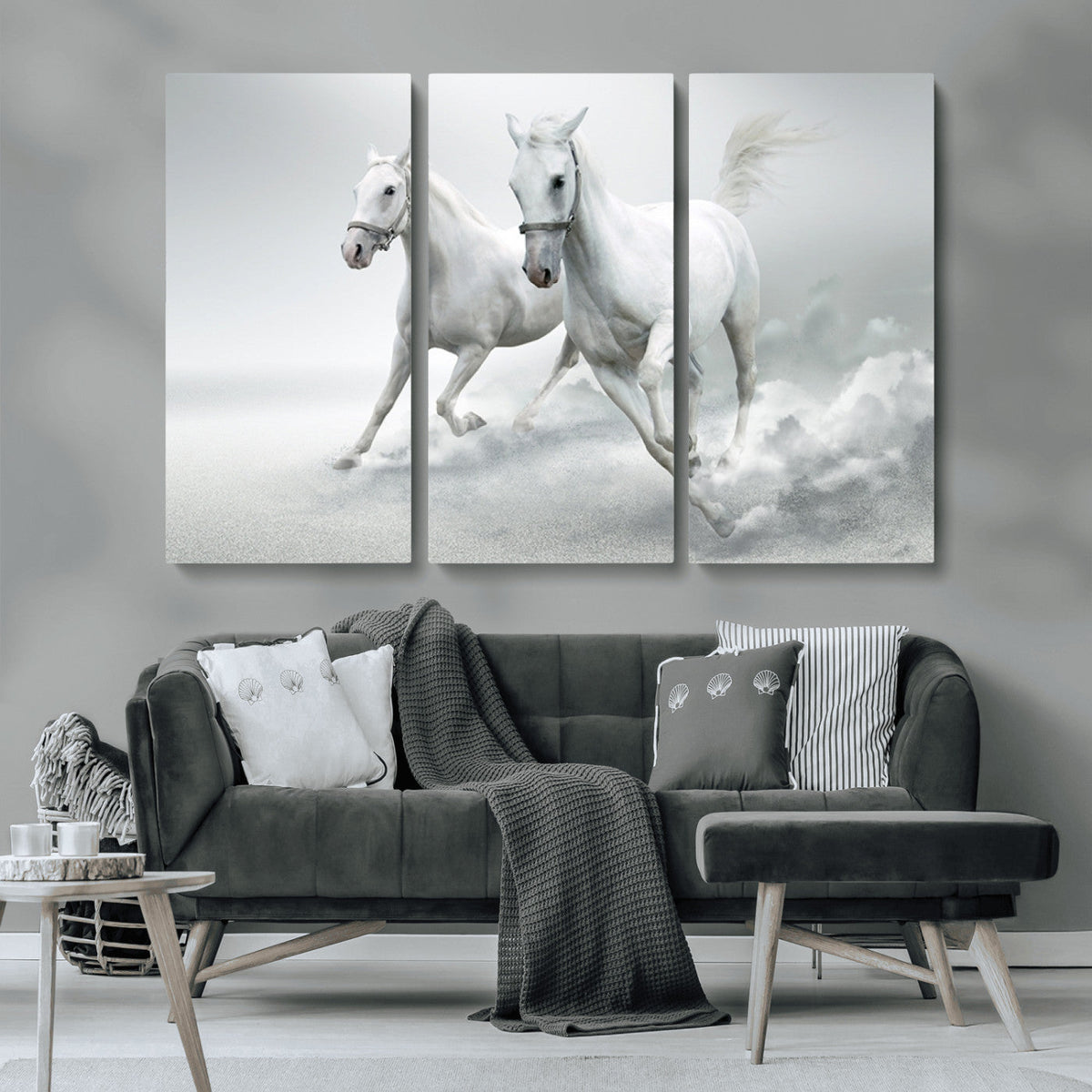 Large Wall Art Canvas Print, Beautiful Running White Horses