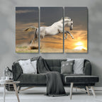 Large Wall Art Canvas Print, White Jumping Horse at Sunset