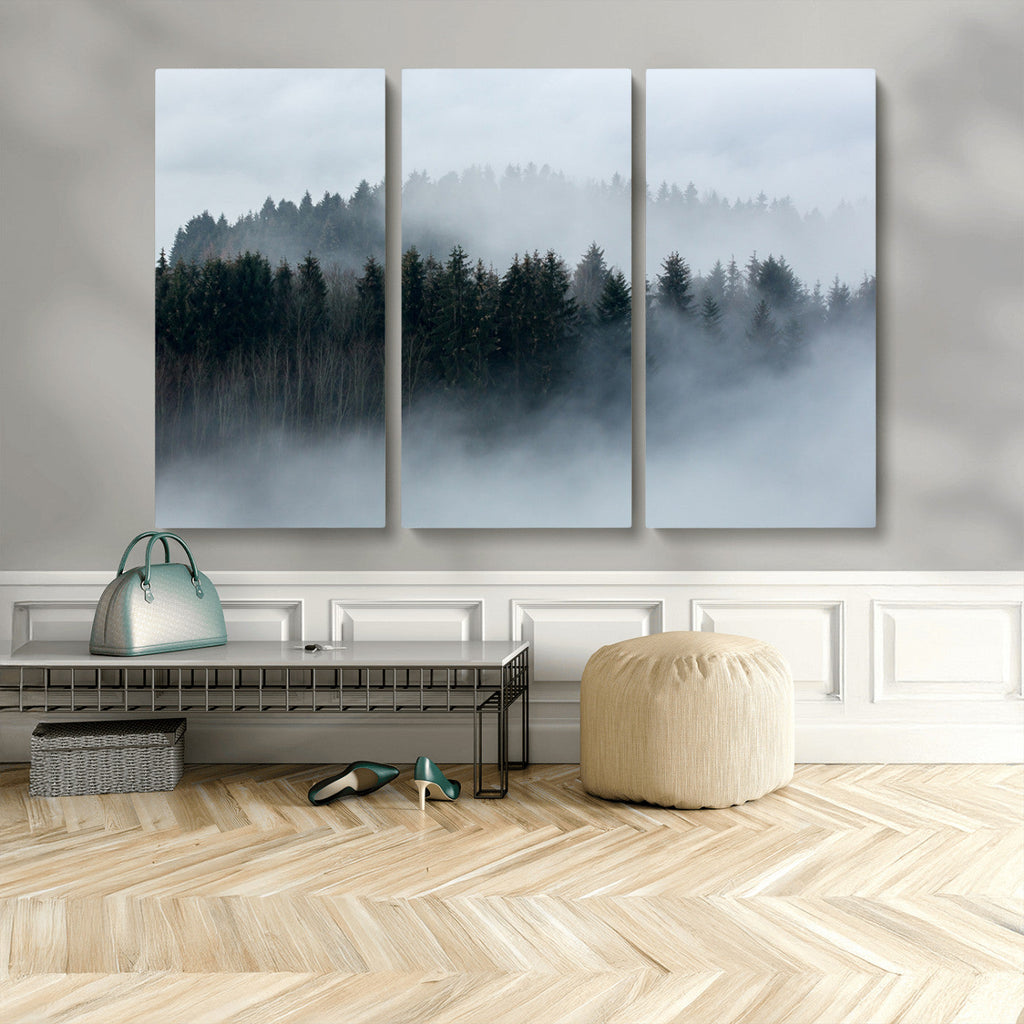 Autumn and Misty Trees in the Forest Wall Art Canvas Print, Foggy Forest Mountain Wall Art