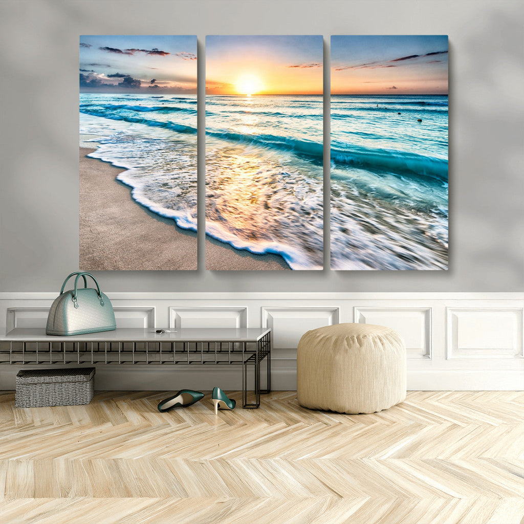 Sunset Beach Waves Canvas Wall Art | Ocean Sunset Coastal Print