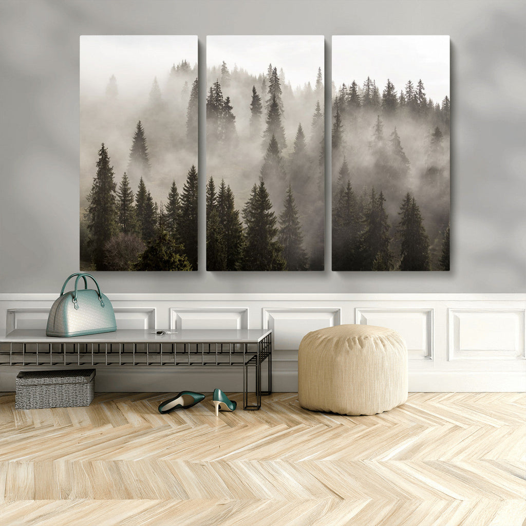 Foggy Mountain Wall Art | 3-Panel Foggy Forest and Mountain Landscape Canvas Print