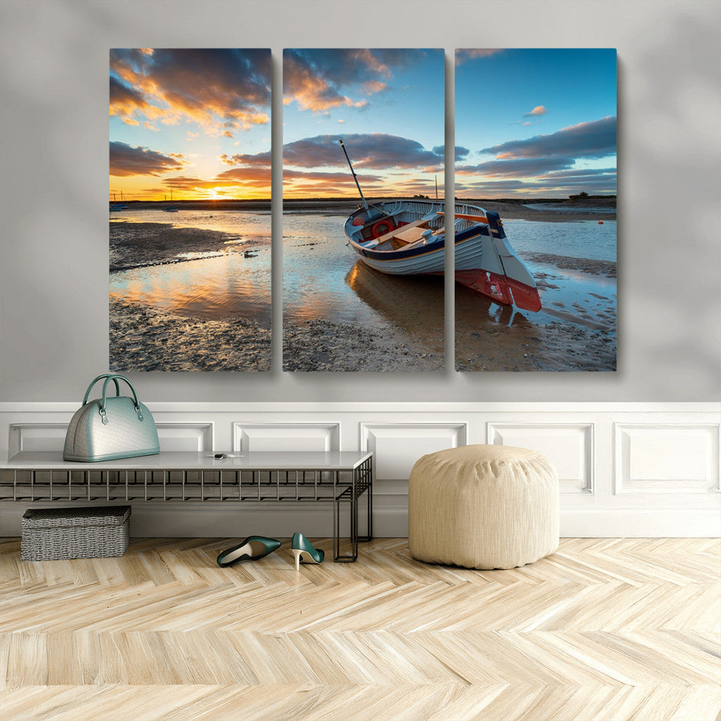 Small Boat At The Beach Sunset Wall Art, Boat Sunset Wall Art Canvas Print