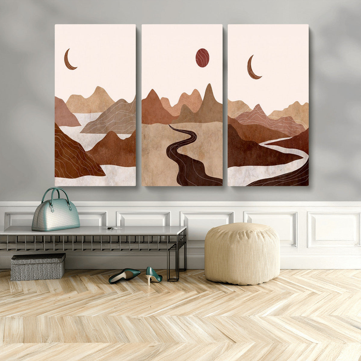 Boho Wall Art Canvas Print Set | Mid-Century Bohemian Wall Artwork, Boho Neutral