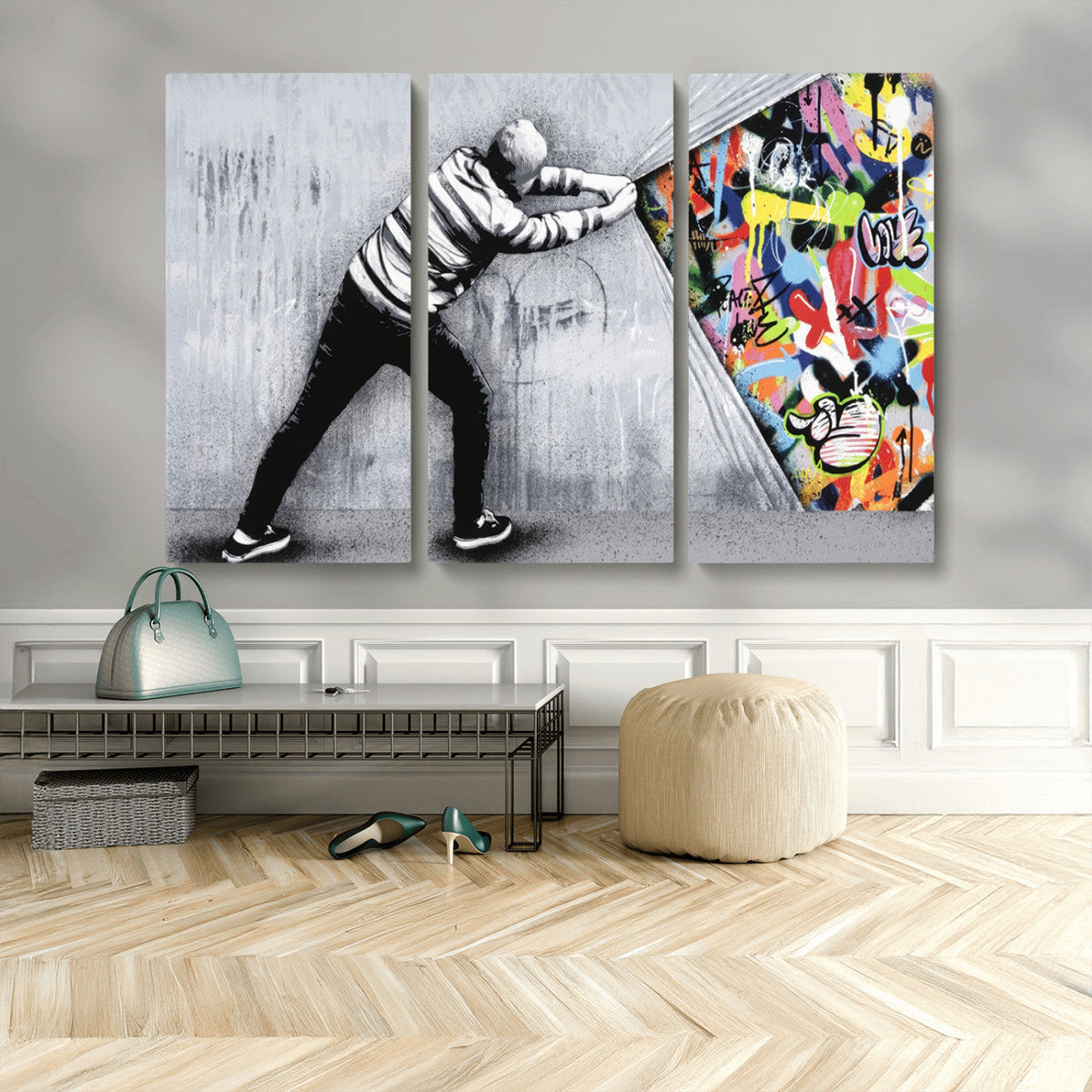 Banksy Art Behind the Curtain Street Wall Art Canvas Print | Urban Graffiti Style Wall Decor