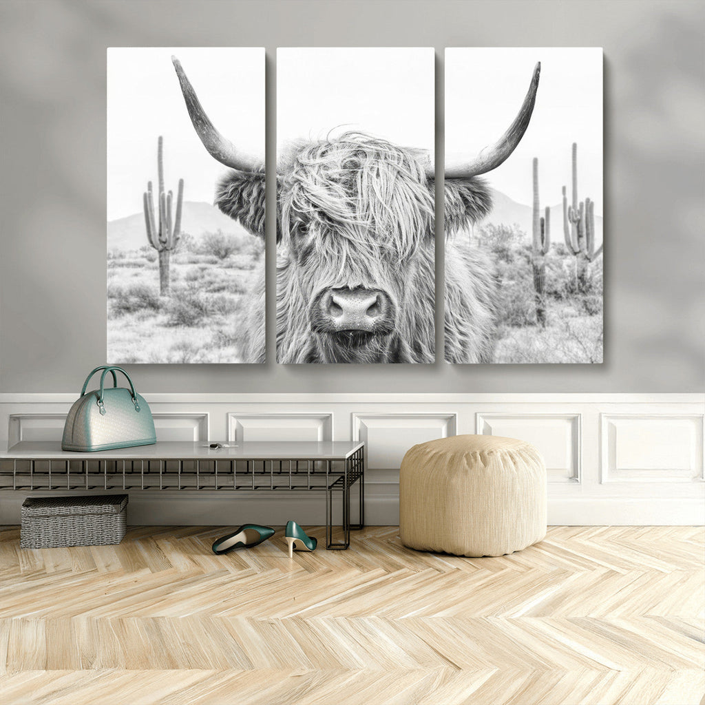 Rustic Charm, Cow Longhorn Black White Bighorn Wall Art
