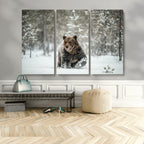 Grizzly Bear Wall Art | Framed Snowy Forest Canvas Artwork