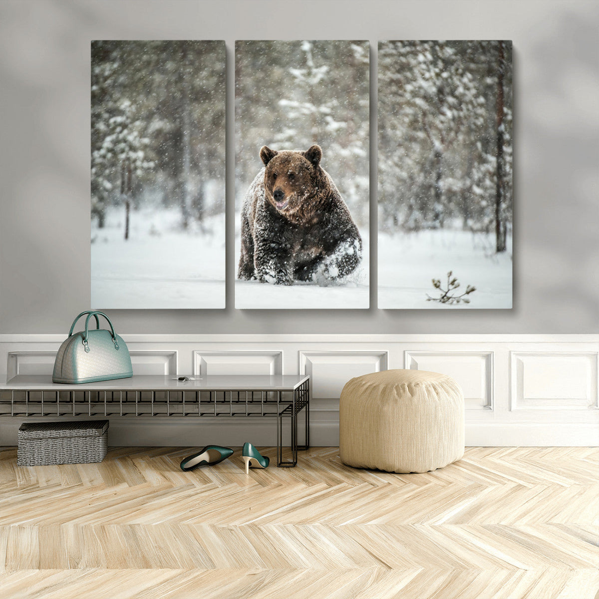 Grizzly Bear Wall Art | Framed Snowy Forest Canvas Artwork
