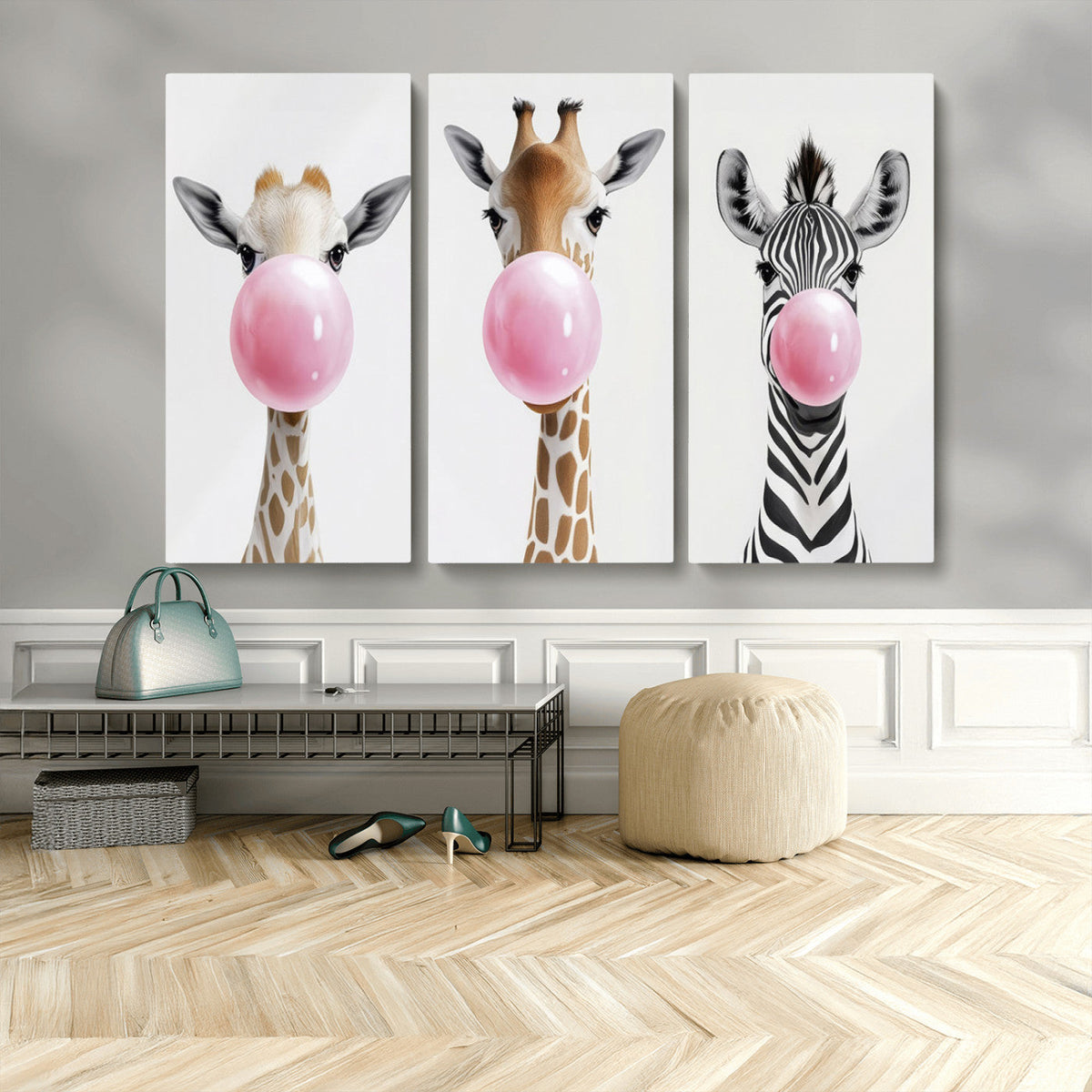 Bubblegum Animals Canvas Wall Art, Playful Giraffe and Zebra Trio, Whimsical Nursery and Kids Room Decor