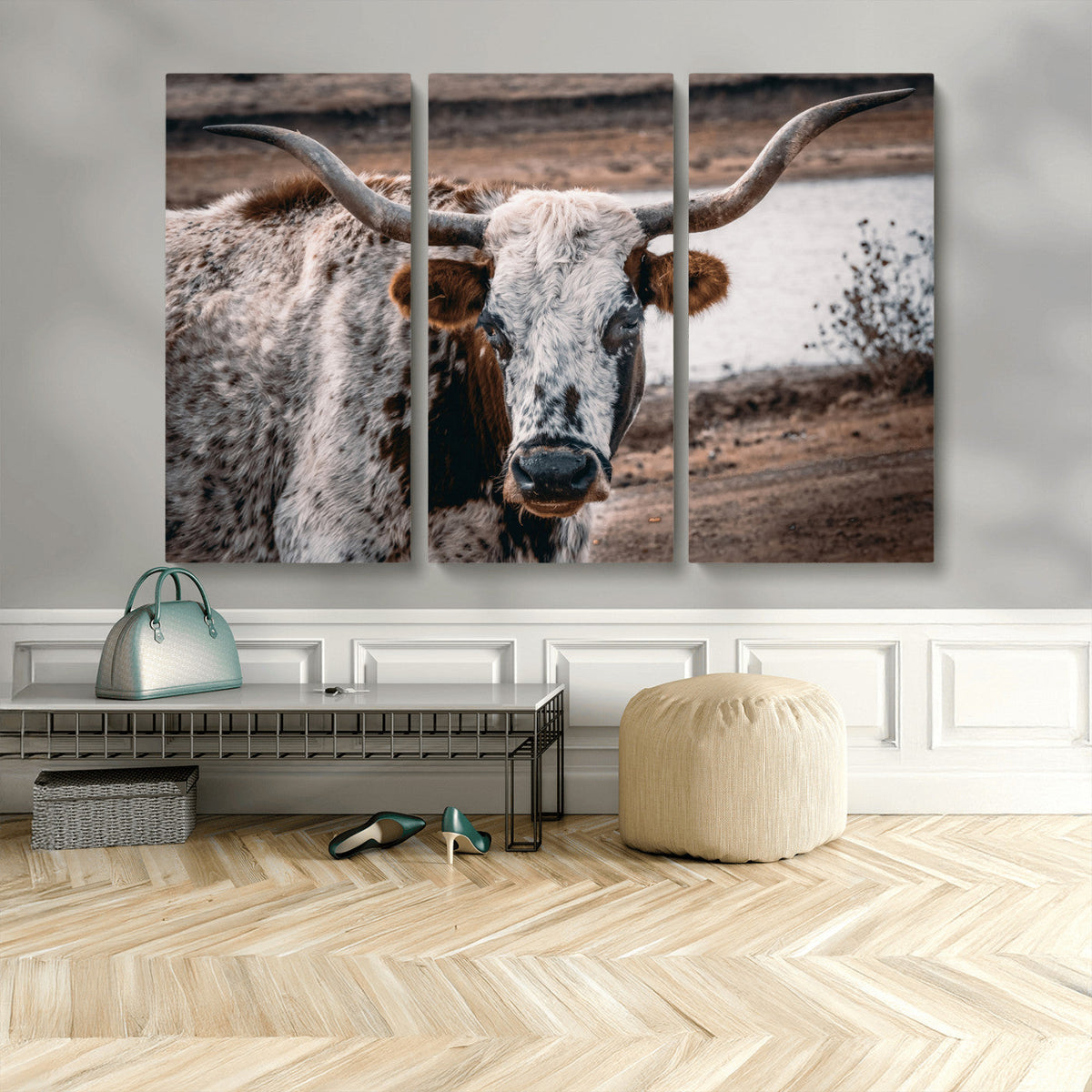 Texas Longhorn Wall Art Canvas Print | Framed Brown and White Spotted Longhorn