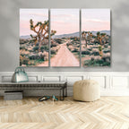 Joshua Tree Wall Art Canvas Print, Framed Desert Road Scene at Sunset