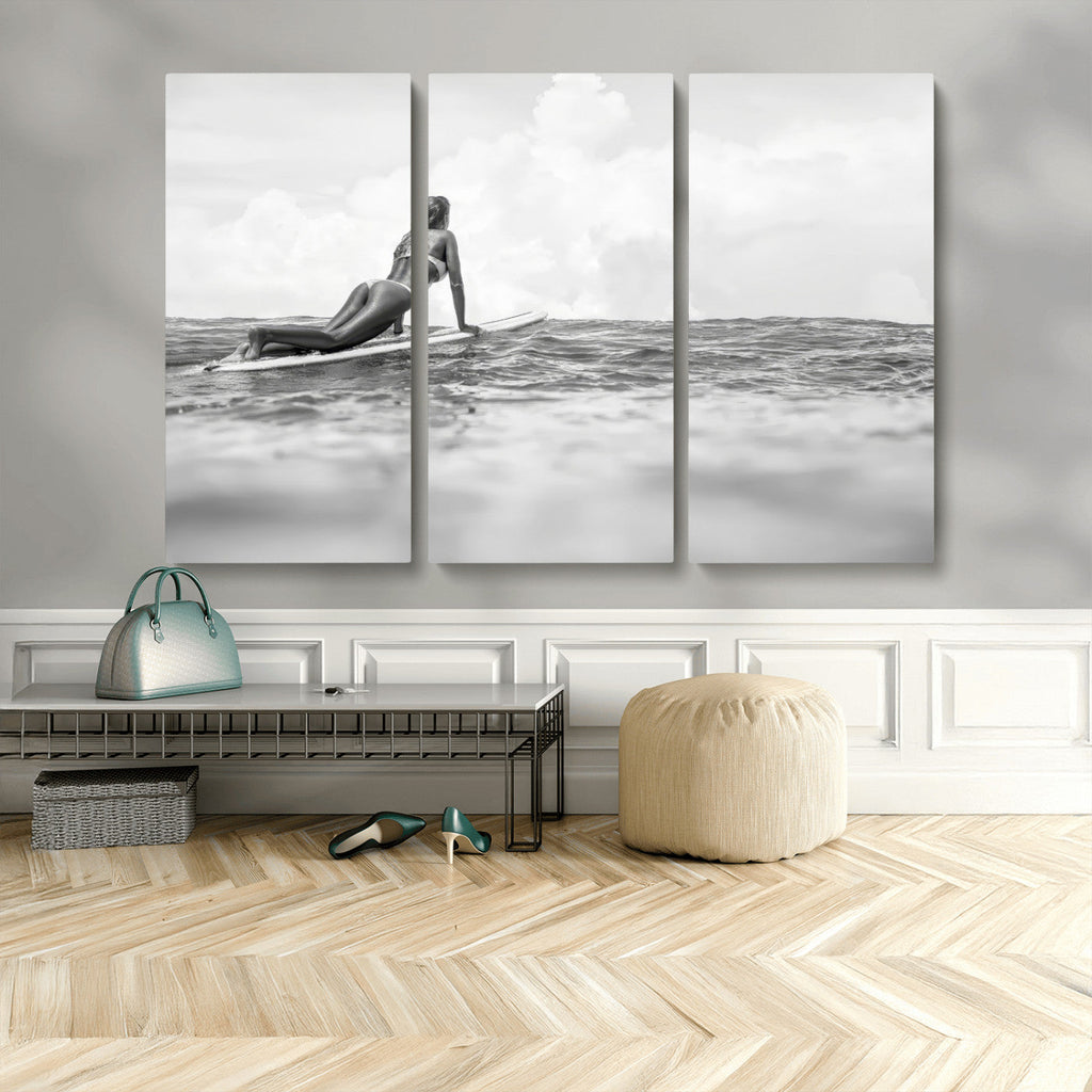 Black and White Surfing Wall Art Canvas Print, Framed Ocean Horizon Surfer Girl