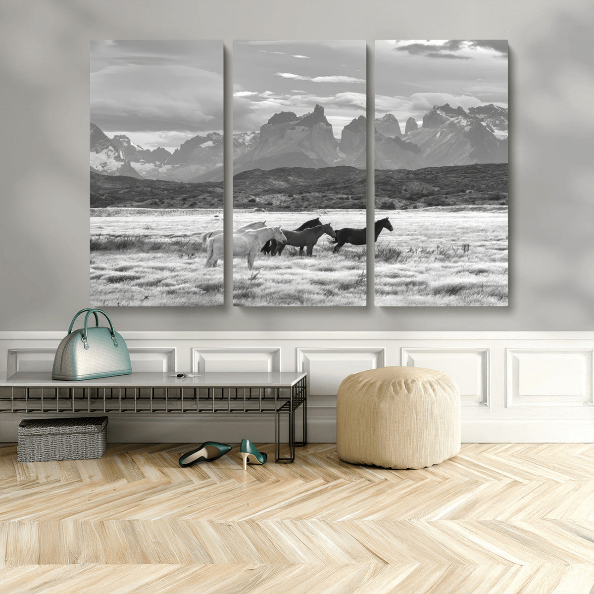 Wild Horses Wall Art | Framed Black White Mountain Canvas