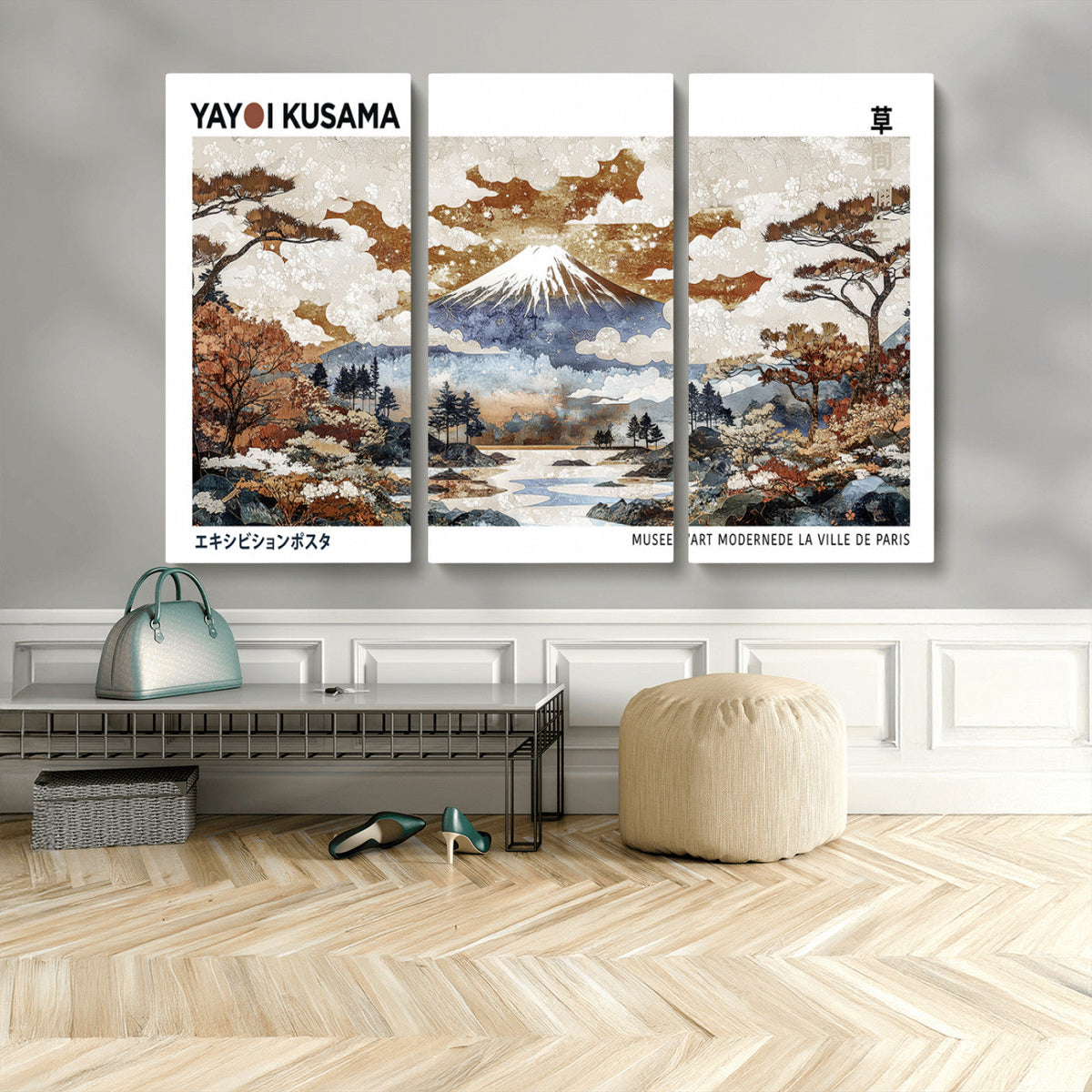 Modern Japanese Wall Art Canvas Print, Framed Abstract Mount Fuji Landscape, Yayoi Kusama Canvas Wall Art