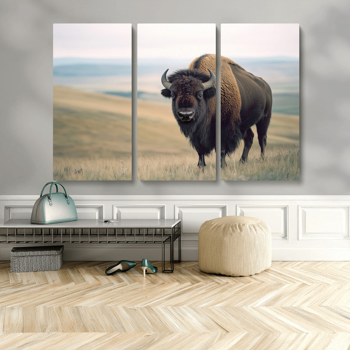 Bison Wall Art Canvas Print, Framed American Buffalo Rustic Western Artwork