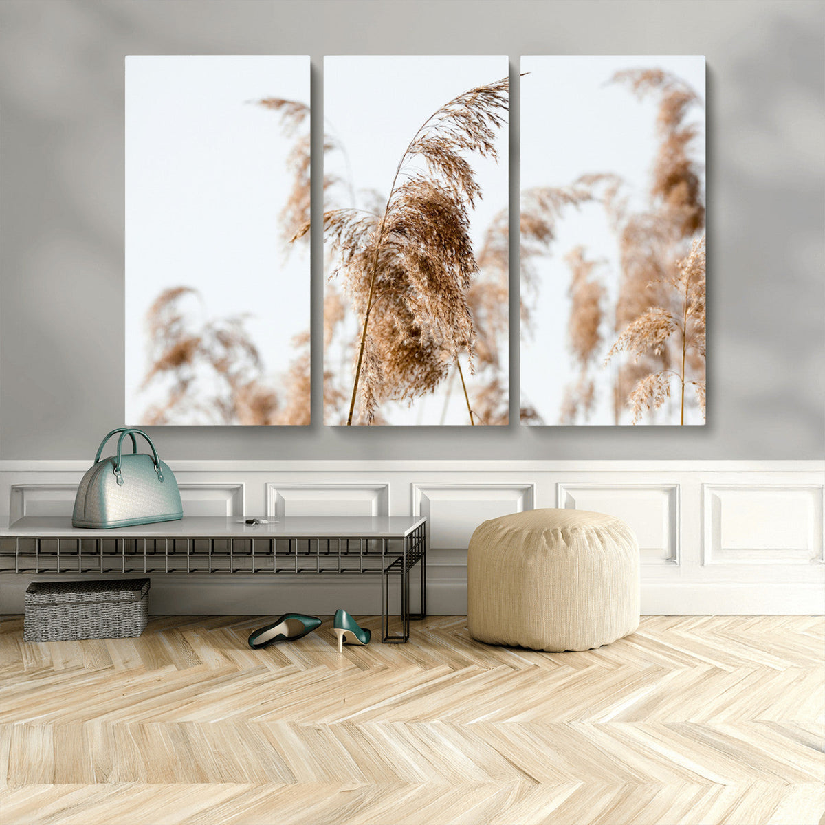 Pampas Grass Wall Art Canvas Print, Framed Neutral Tones Minimalist Boho