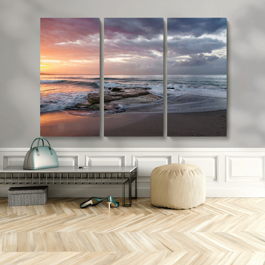 Golden Hour Wall Art Canvas Print, Framed Tranquil Waves Beach Sunset