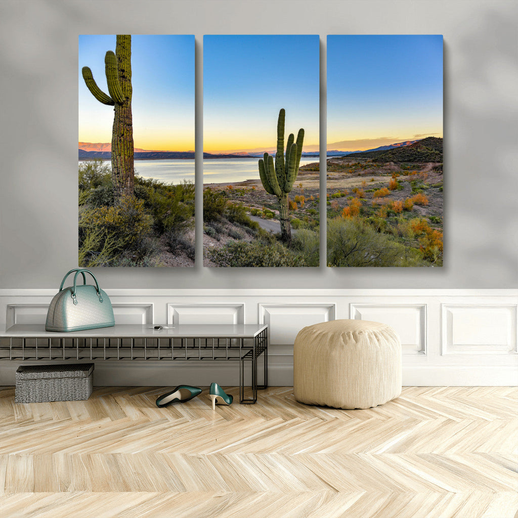 Saguaro Cactus Wall Art Canvas Print, Framed Desert Sunset Southwestern