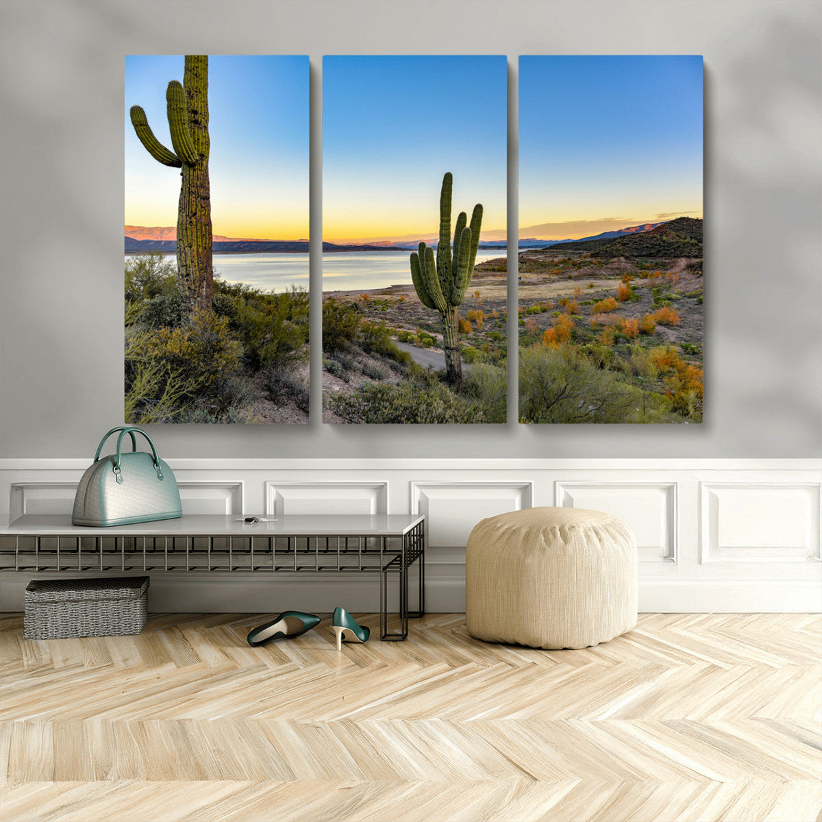 Saguaro Cactus Wall Art Canvas Print, Framed Desert Sunset Southwestern