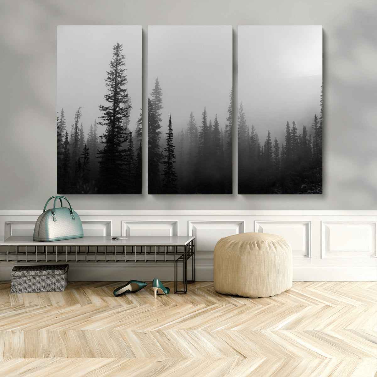 Misty Pines Wall Art Canvas Print, Framed Woodland Minimalist Black and White