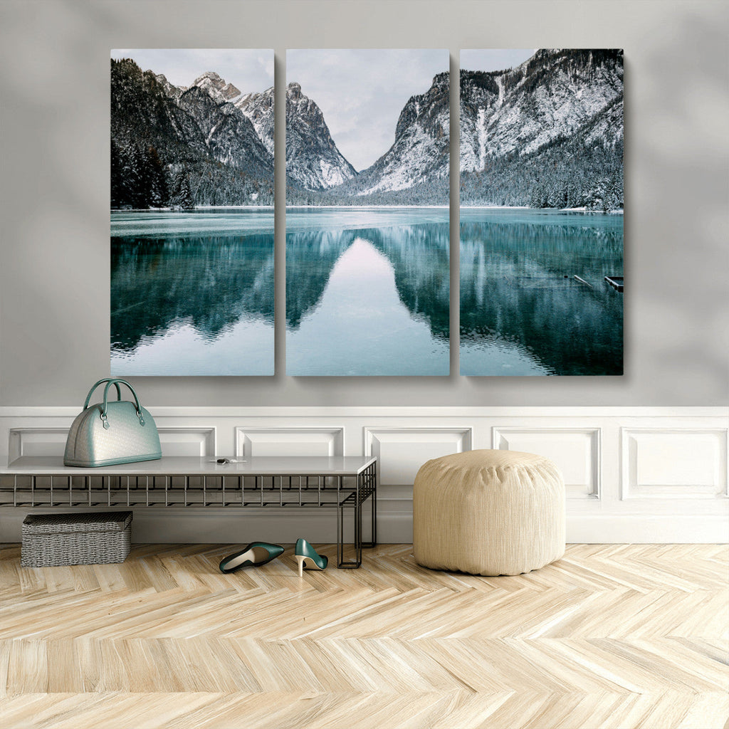Mountain Lake Wall Art Canvas Print, Framed Toblacher See Winter Wonderland