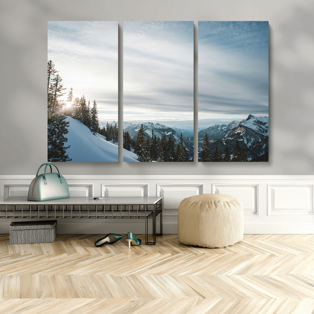 Snowy Mountains Wall Art Canvas Print, Framed Alpine Landscape Frosty Peaks Artwork