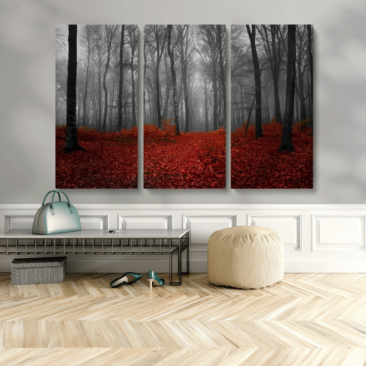 Red Forest Floor Canvas Wall Art | Mystical Foggy Woodland Triptych
