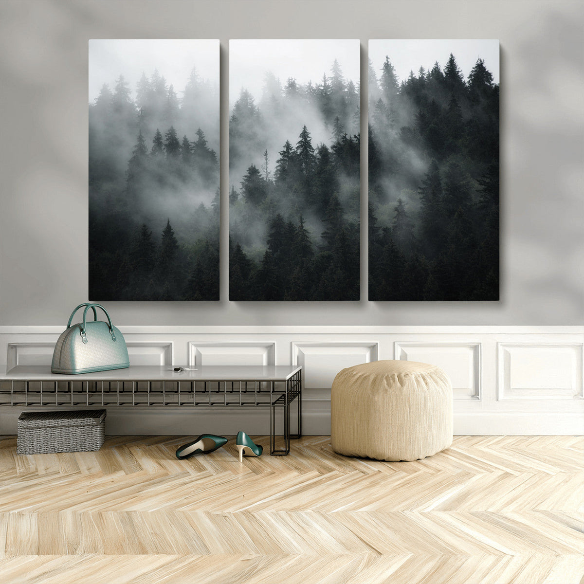 Foggy Forest Wall Art Canvas Print | 3 Panel Large Misty Landscape