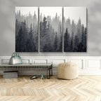 Misty Forest Canvas Wall Art | Monochrome Triptych Pine Tree Print