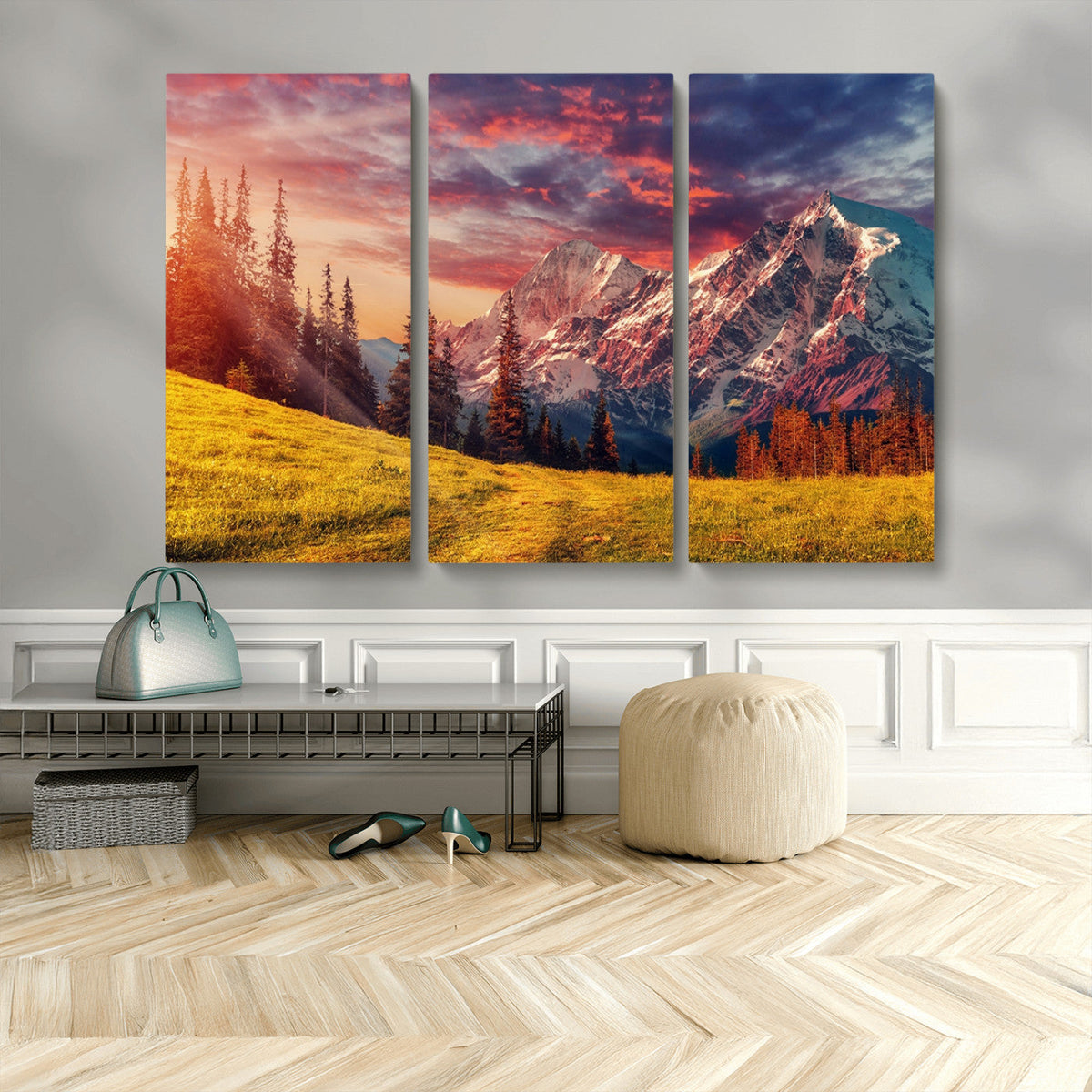 Mountain and Daylight Red Sunset Wall Art Canvas Print