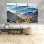 Misty Mountain Sunrise Triptych Canvas Print | Autumn Landscape Wall Art