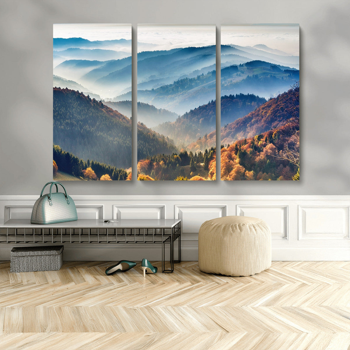 Misty Mountain Sunrise Triptych Canvas Print | Autumn Landscape Wall Art