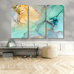 Abstract Aqua and Gold Fluid Wall Art Canvas | 3 Panel Large Canvas Print