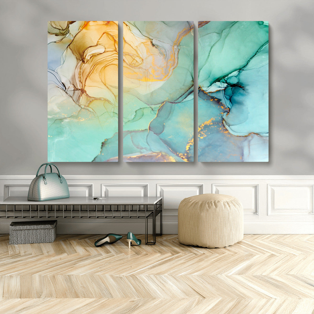 Abstract Aqua and Gold Fluid Wall Art Canvas | 3 Panel Large Canvas Print