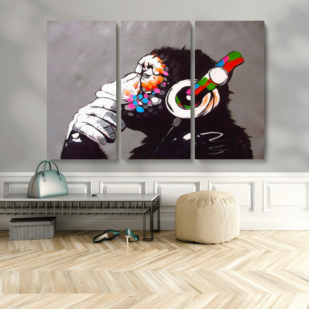DJ Monkey Listening to Music Wall Art Print | Banksy Monkey Large Canvas Print