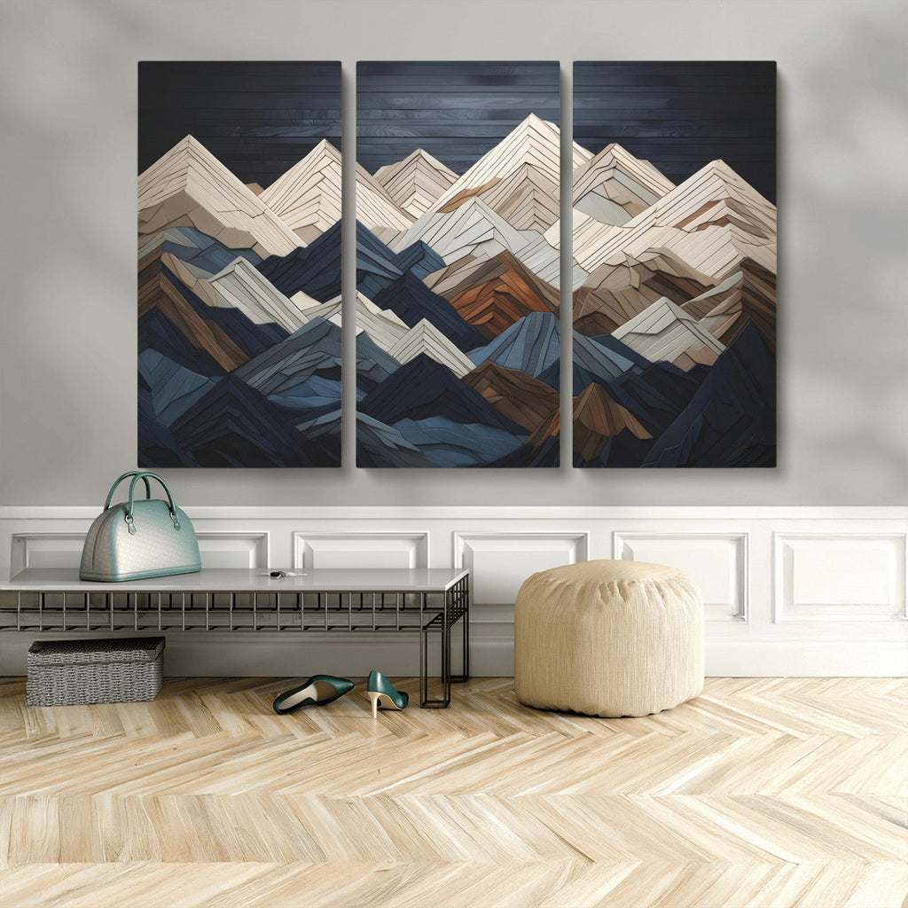 Rustic Mountain Landscape Wall Art Canvas Print, Framed 3D Wooden Effect Mountain Art