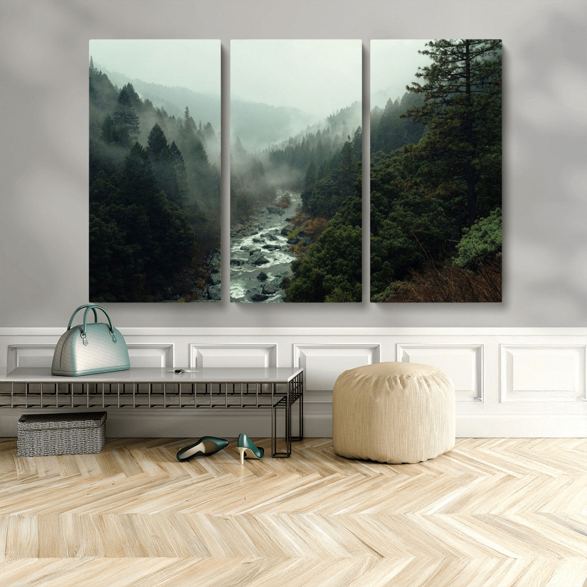Misty Forest Wall Art, Tranquil Nature Landscape, Ready to Hang | Extra Large 3 Piece Canvas Wall Art