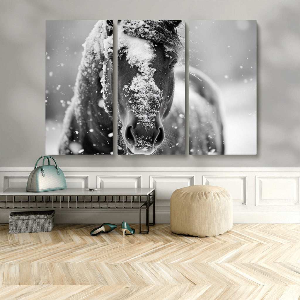 Black and White Horse Winter Wall Art, Ready to Hang