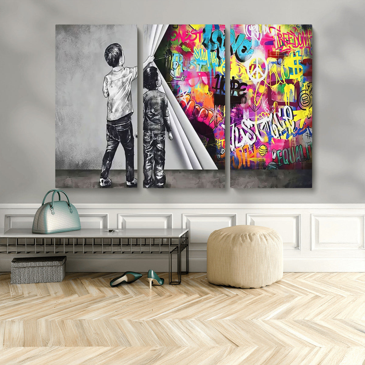 Banksy Print, Street Art Canvas Wall Art, Kids Revealing Graffiti, Urban Modern Decor