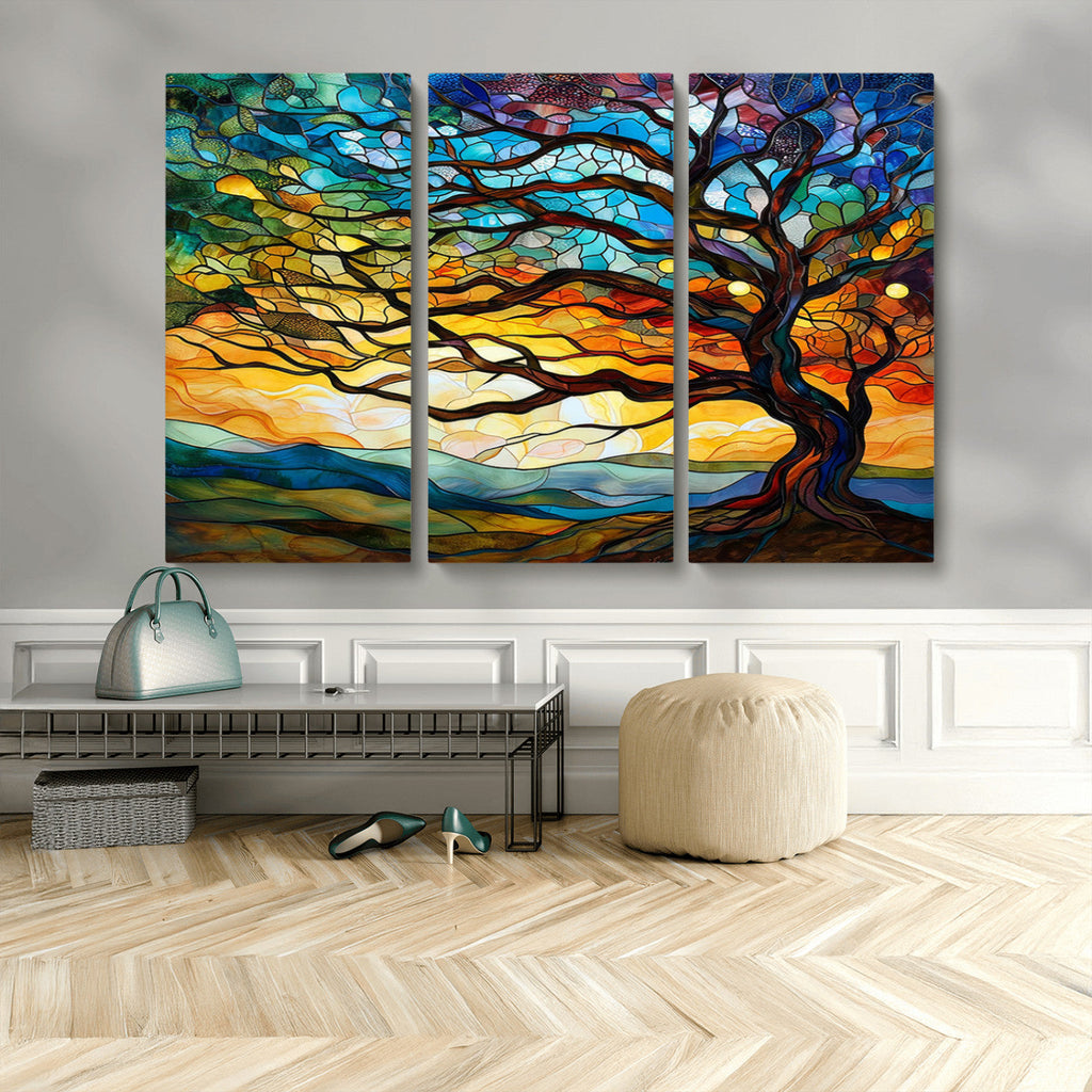 Vibrant Mosaic Tree of Life Wall Art, Stained Glass Style Canvas Print