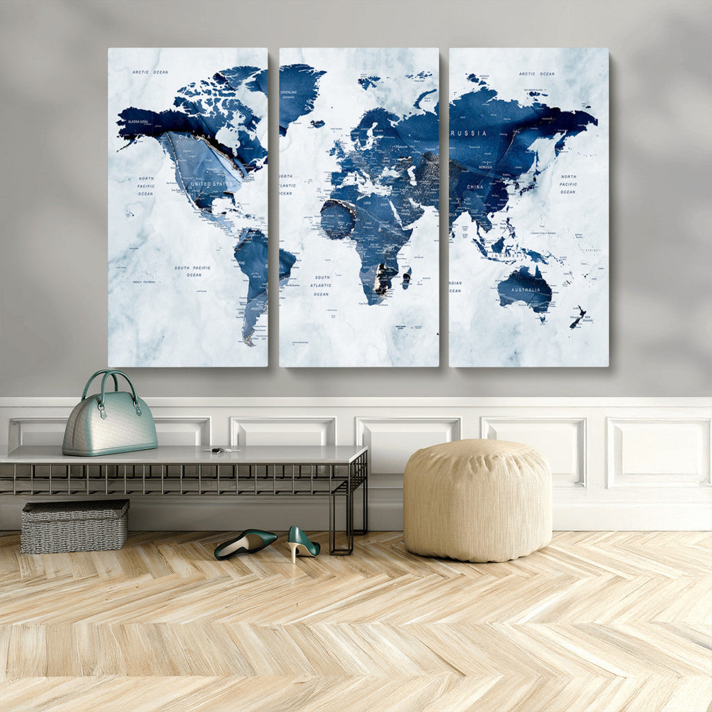 Modern Blue World Map Canvas Print | Elegant Travel Map Wall Art for Home Office