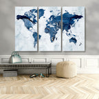 Modern Blue World Map Canvas Print | Elegant Travel Map Wall Art for Home Office