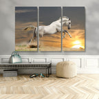 Large Wall Art Canvas Print, White Jumping Horse at Sunset