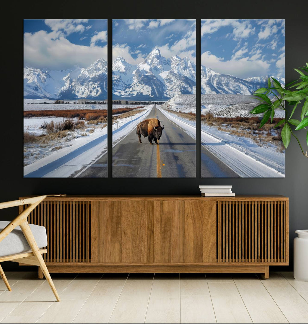 Bison Wall Art | Snowy Road Wall Art | Framed Mountain Landscape Canvas